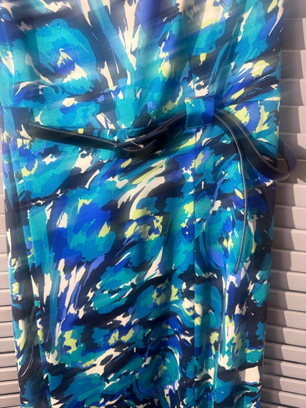 Shelby & Palmer Teal and Navy Abstract Tie-Waist Midi Dress - Picture 3 of 11